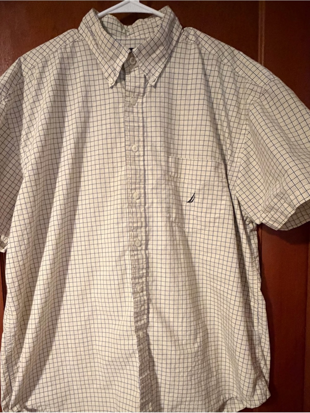 Nautica Short-Sleeve Button-Down Sanded Poplin in White with Navy Grid